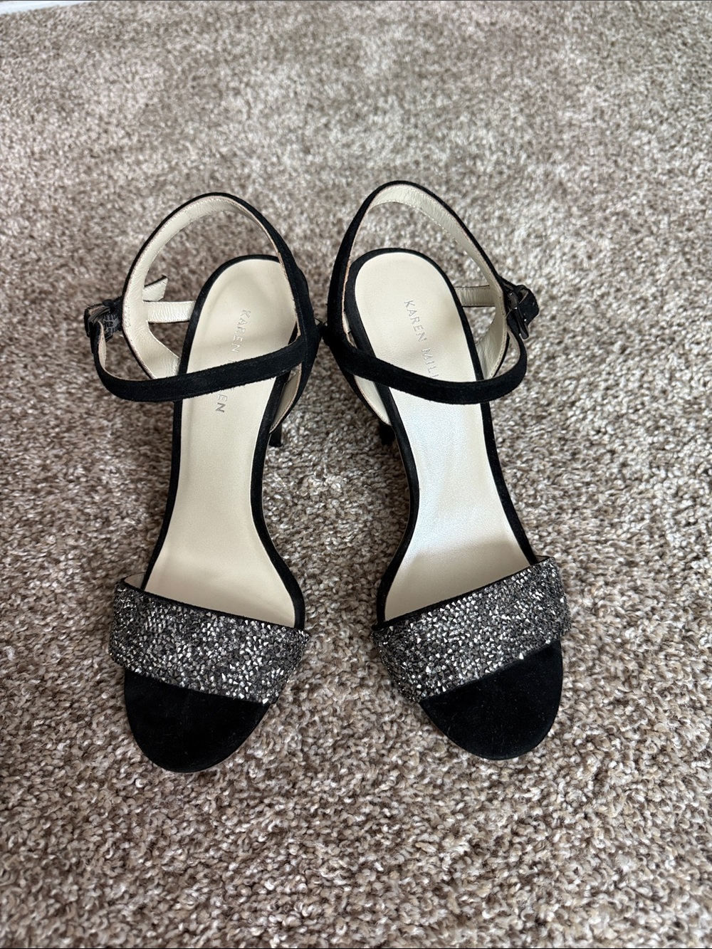 Karen Millen Black Suede Ankle-Strap Sandals with Silver Glitter Toe